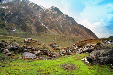 Beautiful view of green meadows and mountains at way to kedarnath, uttarakhand, india.