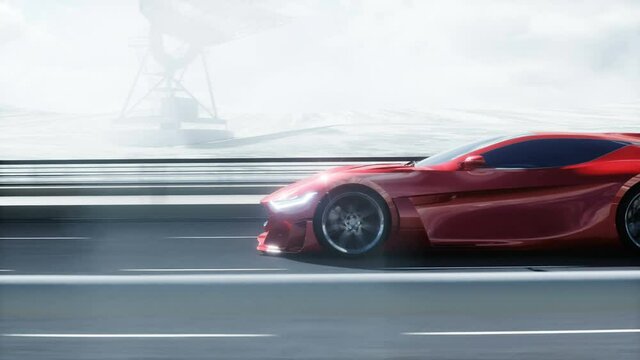 3d model of futuristic red electric car on highway. Very fast driving. Future concept. Realistic 4k animation.
