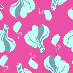 Vibrant vector seamless pattern with garlic on bright pink background