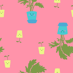 Cute houseplants with smiling faces on pink background vector seamless pattern