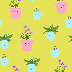 Cute houseplants with smiling faces on yellow background vector seamless pattern