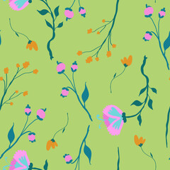 Fresh vector seamless pattern with spring flowers on light green background