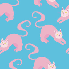Vector seamless pattern with cute pink cats on blue background