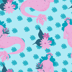 Vector seamless pattern with pink mermaids and flowers