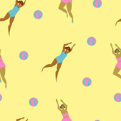 Retro girls playing with the ball on the beach vector seamless pattern