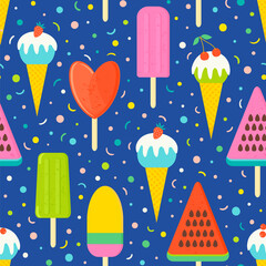 Vector background with ice cream and popsicles. Seamless pattern with gelato and sprinkles.
