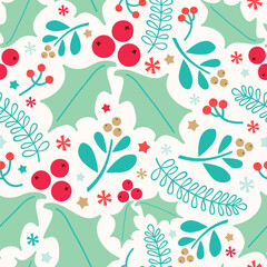 Seamless vector pattern with holly berries and winter plants. Christmas background in retro colors.