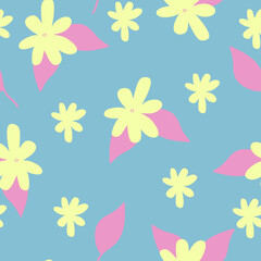 Vector seamless pattern with simple pastel flowers and leaves