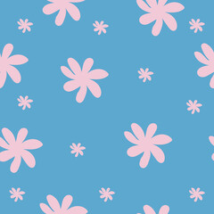 Vector seamless pattern with simple pink flowers on blue background