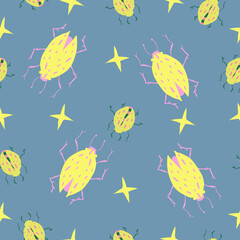 Dreamy seamless pattern with beetles and stars on blue background