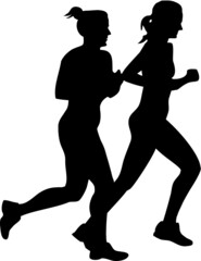 Two girls jogging. Silhouettes of two girls running