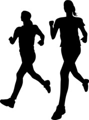 Two girls jogging. Silhouettes of two girls running