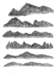 Mountains set. Background with mountains. Ink mountain landscape.  Style of mountain, water. Black and white image. Chinese, japanese traditional style.