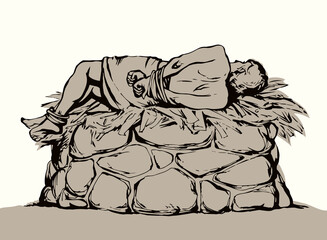 Man With hands tied on altar. Vector drawing