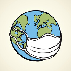 Medical mask on planet Earth from the spread of coronavirus. Vector drawing