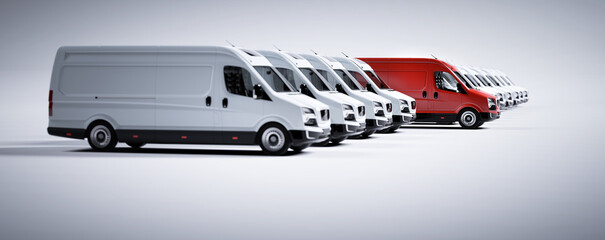 Red commercial van and fleet of white trucks. Transport. Transport and shipping © Photocreo Bednarek
