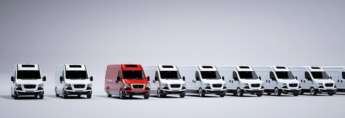 Red commercial van and fleet of white trucks. Transport. Transport and shipping © Photocreo Bednarek