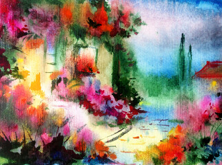 Watercolor colorful bright textured abstract background handmade . Mediterranean landscape . Painting of architecture and vegetation of the sea coast , made in the technique of watercolors from nature