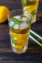 Cold tea with lemon and mint. A summer drink. Healthy eating. Vegetarian food. Diet.