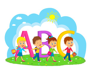 kids go with bag and letters, illustration,vector