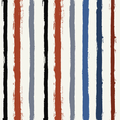 Hand drawn striped pattern, red and blue vertical stripe seamless background, watercolor brush strokes. vector grunge stripes, retro paintbrush line backdrop