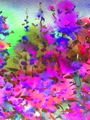 Abstract bright colored decorative background . Floral pattern handmade . Beautiful tender romantic garden with wild flowers , made in the technique of watercolors from nature.