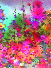 Obraz na płótnie Canvas Abstract bright colored decorative background . Floral pattern handmade . Beautiful tender romantic garden with wild flowers , made in the technique of watercolors from nature.