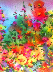 Abstract bright colored decorative background . Floral pattern handmade . Beautiful tender romantic garden with wild flowers , made in the technique of watercolors from nature.