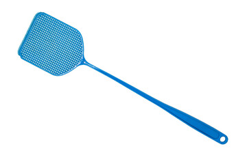 Blue flyswatter isolated on white background. Home Fly swatter macro