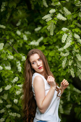 Portrait of woman on a background of blooming bird cherry.
