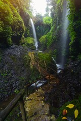 Curug Aseupan. Beautiful waterfalls in Bandung, West java Indonesia. Beautiful nature scenery. Vertical orientation for smartphone wallpaper or background. 