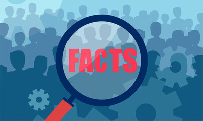 Vector of a magnifying glass over crowd of people in search of facts