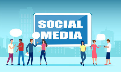 Vector of different people communicating together via social media online platforms