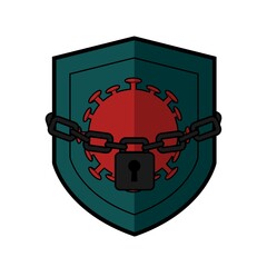 Virus bacteria in shield prison, chained with padlock design. Illustration vector