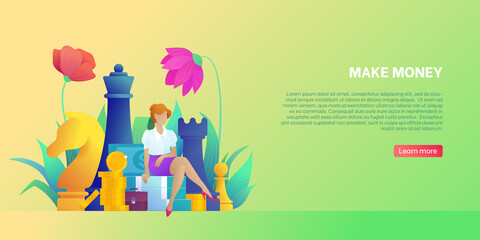 Obraz premium Concept of making money, profit and business. Landing page template with young female character in office clothes. Big chess figures. Business woman earns money. Flower decor flat vector illustration