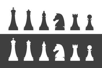 Chess pieces silhouettes. King, queen, bishop, knight, rook and pawn figures isolated set. Sport equipment for strategy game vector illustration. Chess tournament, professional sport competition.