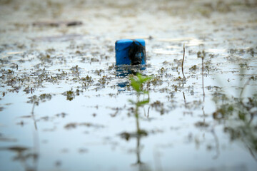 close up of a neck of bottle on the water