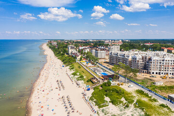 Fototapeta na wymiar Aerial: The beach of Zelenogradsk in the summertime