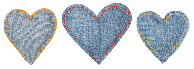 Jeans Heart, Patch with Stitches Seams, Set of Fabric Shapes Isolated over White Background, Love...