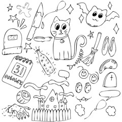 set of doodles for Halloween, vector decorative element for celebrating Halloween in doodle style, black outline