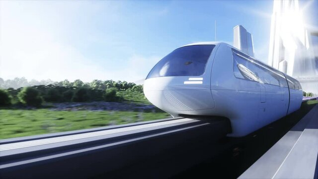 futuristic sci fi monorail train. Concept of future. Futuristic city background. Grass field. 4K realistic animation.