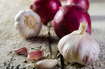 spices on an old rustic wood in a harmonious arrangement