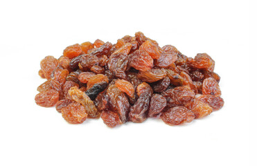 Pile of dried grapes isolated on white background. Brown Raisins close-up