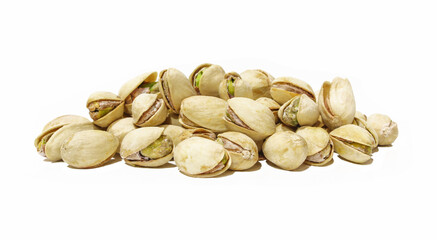 Pile of pistachios isolated on white background. Pistachio nuts