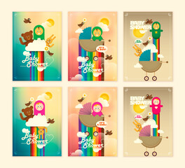 Set of various baby shower stickers in comic retro style. Vector illustration.