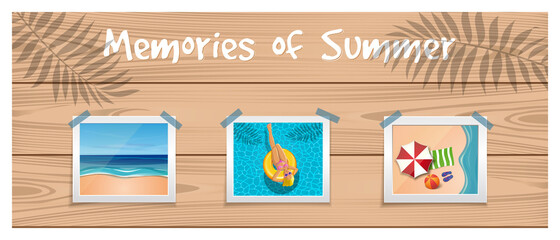 Memories of summer. Summer design set. Photos about summer rest are attached with an adhesive tape to the wooden board. Vector illustration