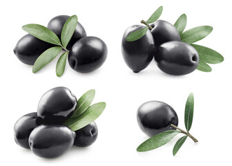 Collection of delicious black olives with leaves, isolated on white background