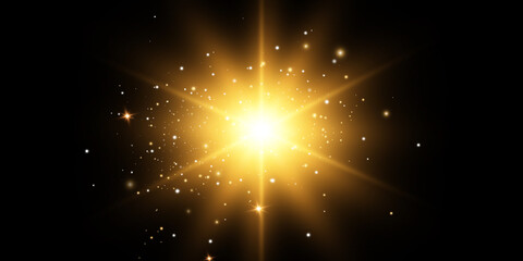 Shining golden stars, sun isolated on a black background. Effects, glare, lines, glitter, explosion, golden light. Vector illustration