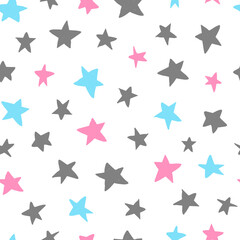 seamless pattern with hand drawn stars  of grey, blue and pink colours. Good for kids textile and fabric prints, wrapping paper, wallpaper, scrapbooking, stationery, etc. 