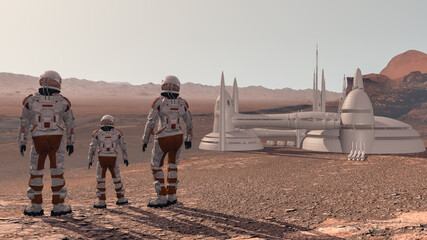 Family colonists immigrants to Mars, a man, a woman and a child admire the Martian landscape, the...